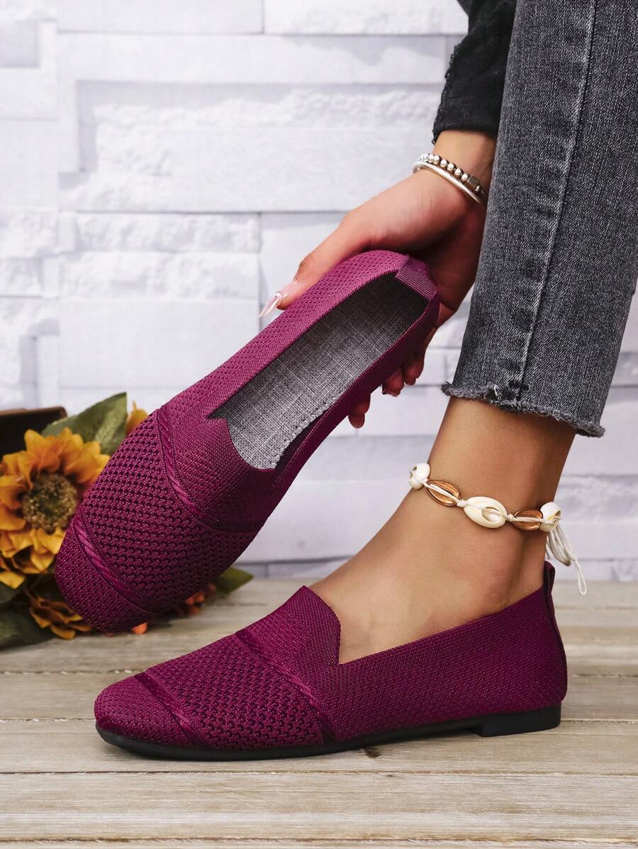 Women's Knitted Flat Loafers, Comfortable Square Toe Dolly Shoes, Breathable Mother Shoes For Spring/Autumn
