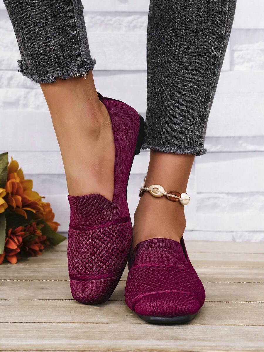 Women's Knitted Flat Loafers, Comfortable Square Toe Dolly Shoes, Breathable Mother Shoes For Spring/Autumn