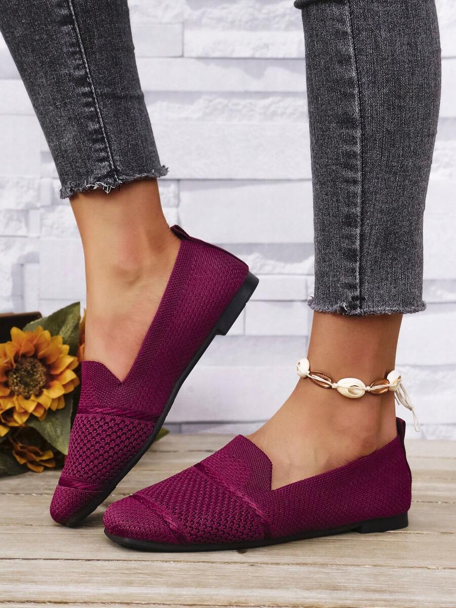 Women's Knitted Flat Loafers, Comfortable Square Toe Dolly Shoes, Breathable Mother Shoes For Spring/Autumn