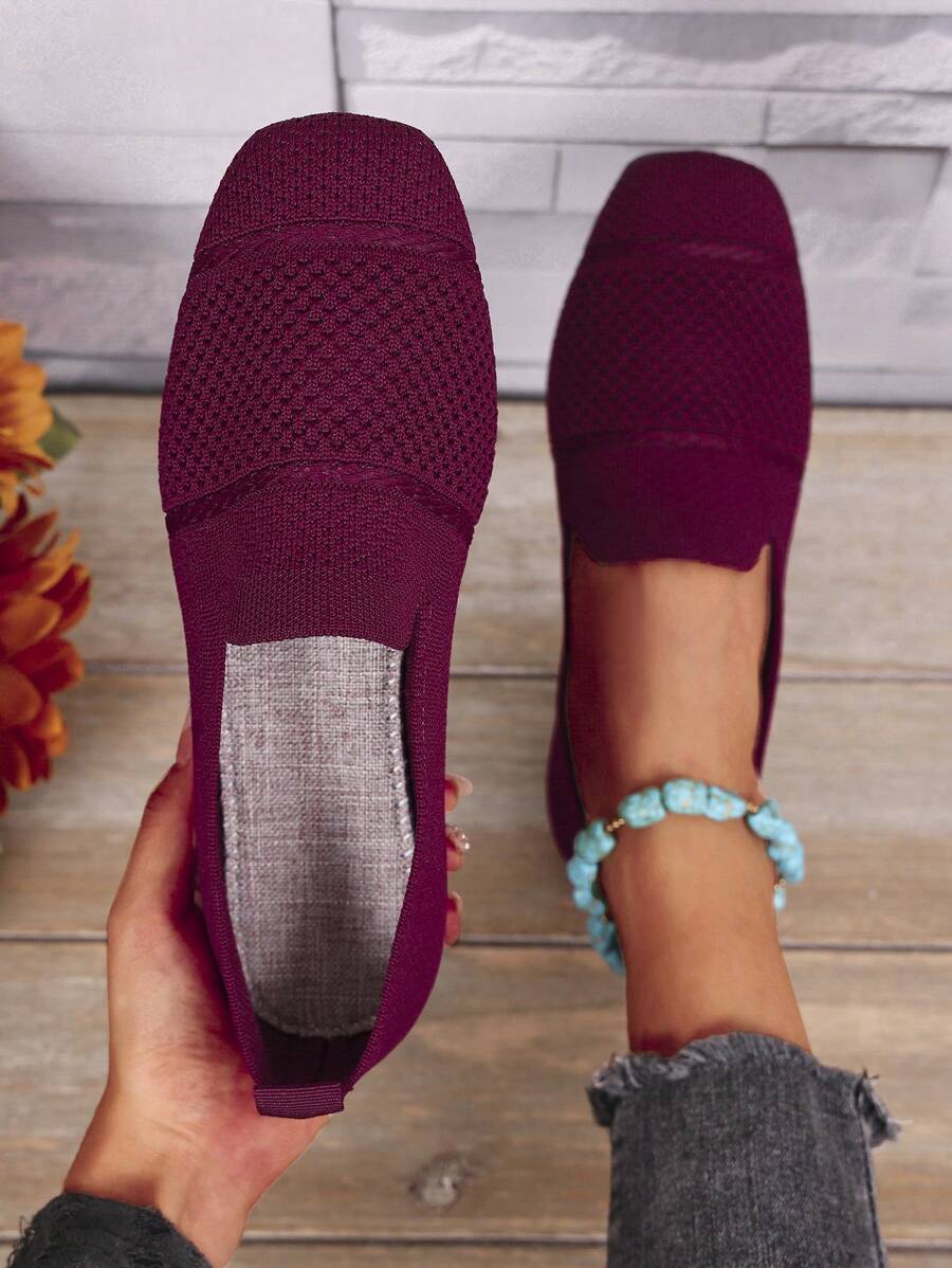 Women's Knitted Flat Loafers, Comfortable Square Toe Dolly Shoes, Breathable Mother Shoes For Spring/Autumn