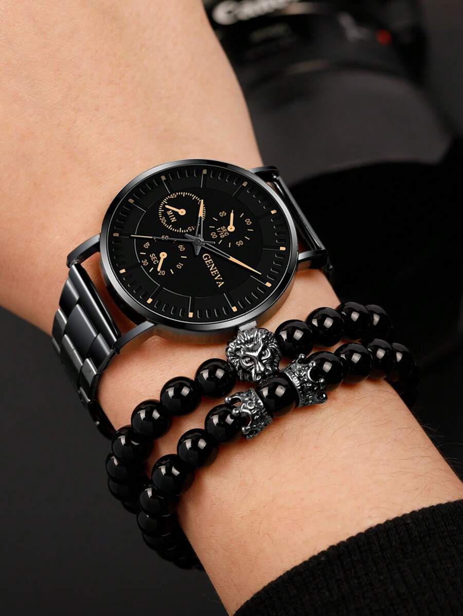 3PCS Men’s Quartz Watch & Bracelet Set – Steel Strap Watch with Lion Crown Bead Bracelet