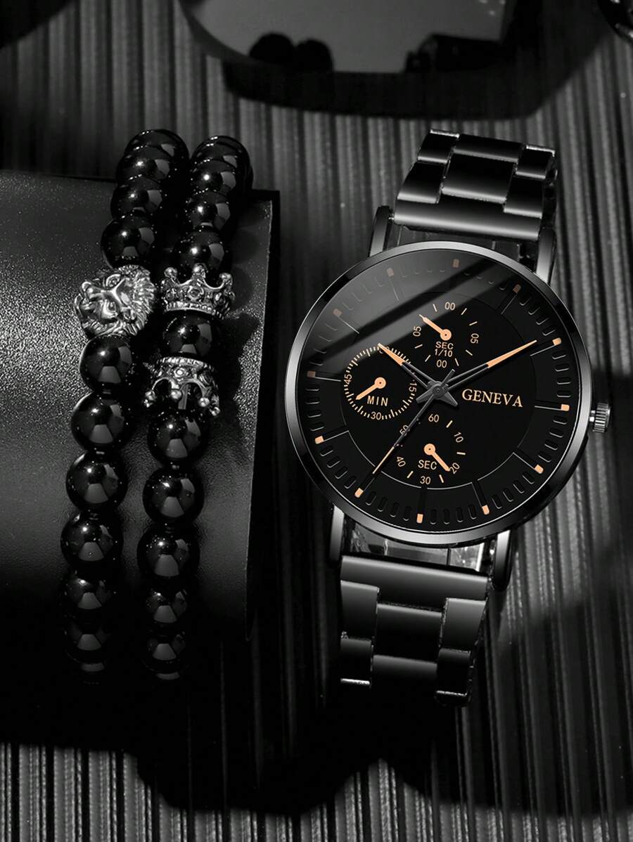 3PCS Men’s Quartz Watch & Bracelet Set – Steel Strap Watch with Lion Crown Bead Bracelet