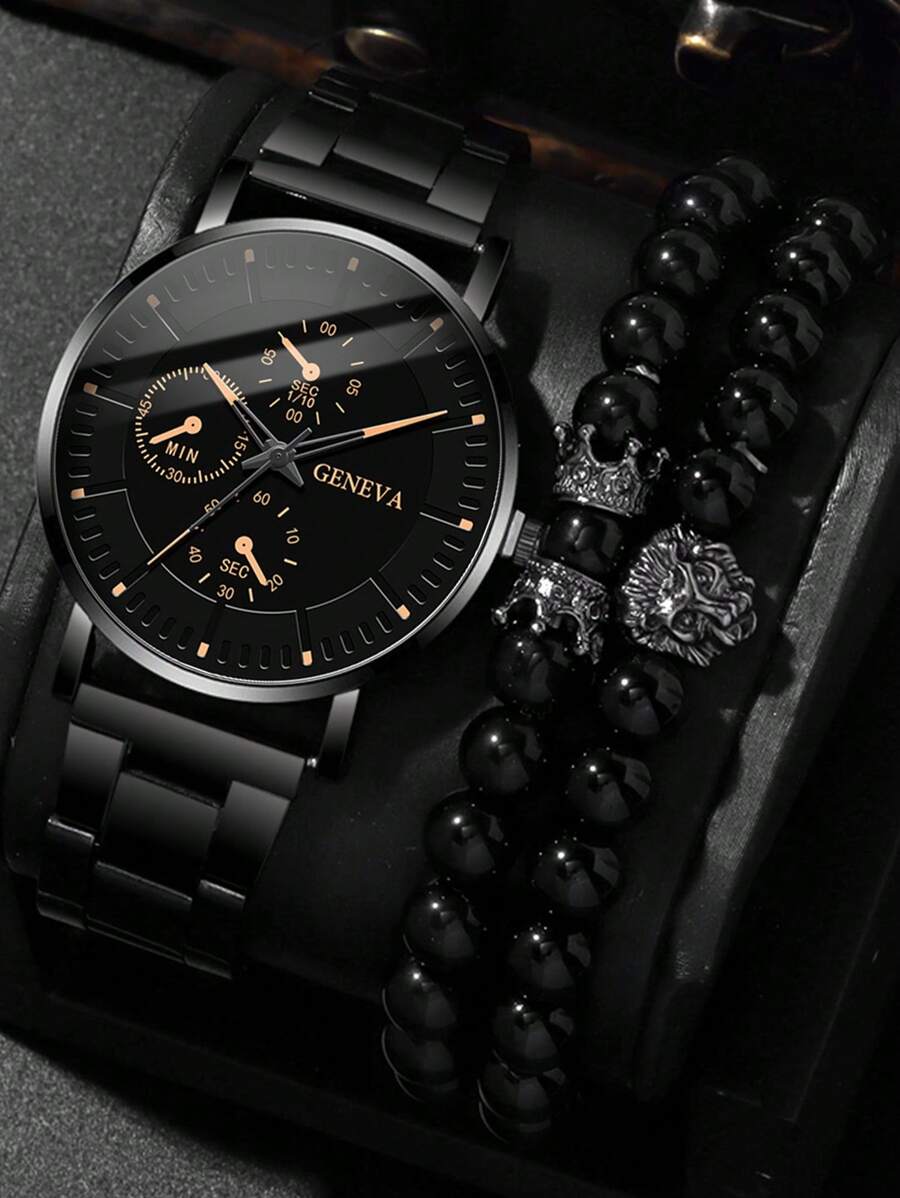 3PCS Men’s Quartz Watch & Bracelet Set – Steel Strap Watch with Lion Crown Bead Bracelet