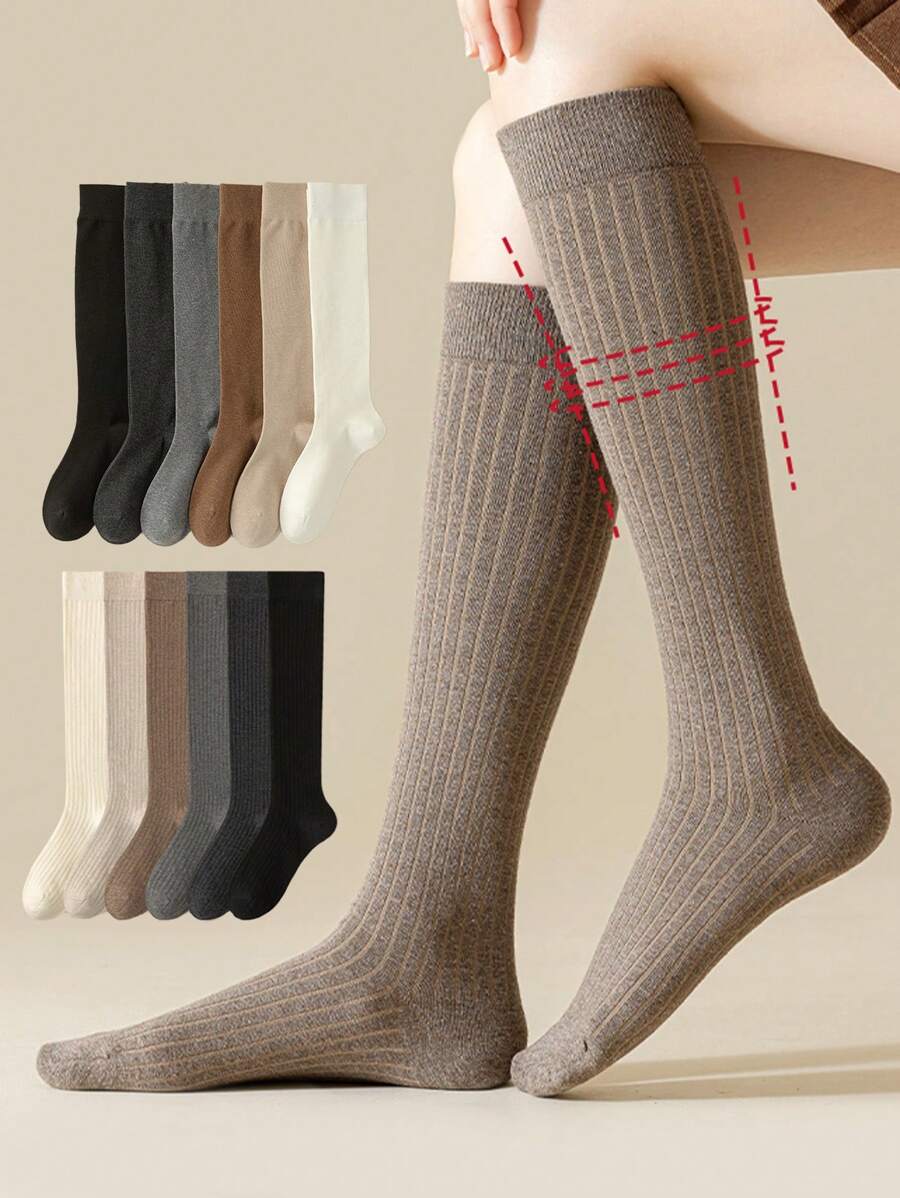 6 Pairs Women’s Plain Color Thigh-High Socks – Minimalist Japanese School Style