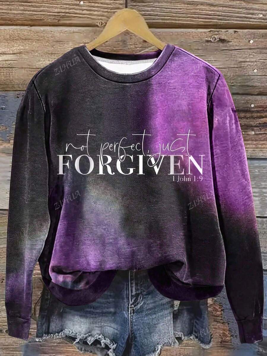 Plus Size English Text Ombre Print Crew Neck Sweatshirt