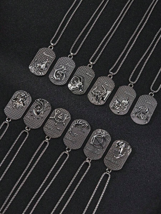 Silver-Color 12 Zodiac Dog Tag Necklace