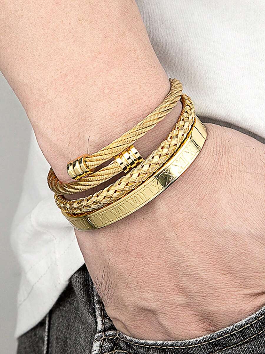 3pcs/Set Men's Luxury Versatile Roman Numeral Stainless Steel Braided Adjustable Bracelet