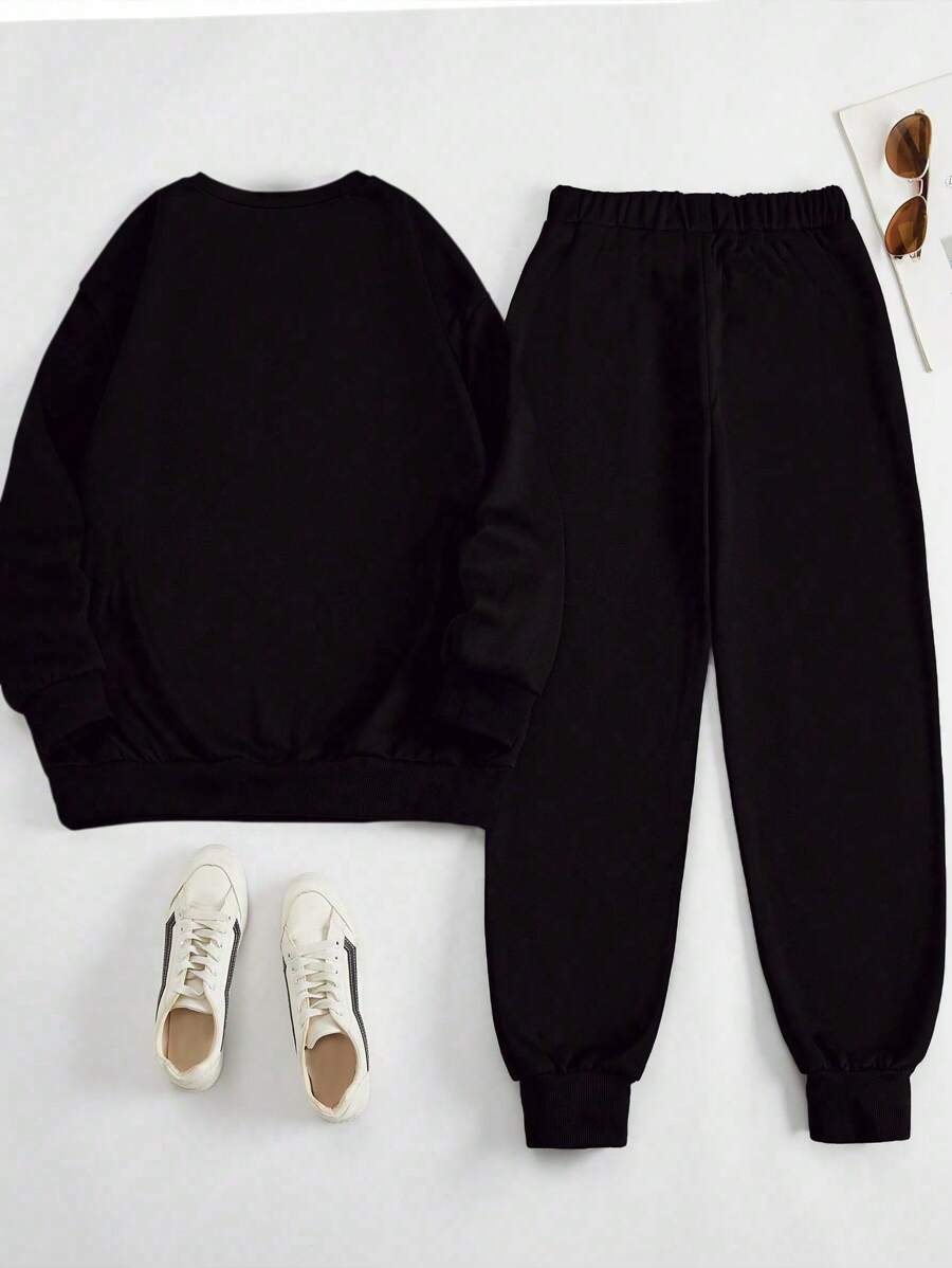 DrmWander Plus Size Letter Print Sweatshirt & Sweatpants Set