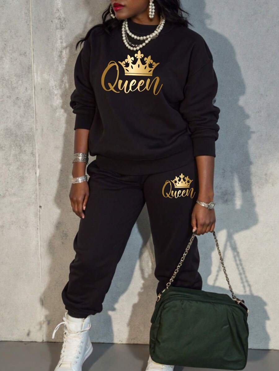 DrmWander Plus Size Letter Print Sweatshirt & Sweatpants Set