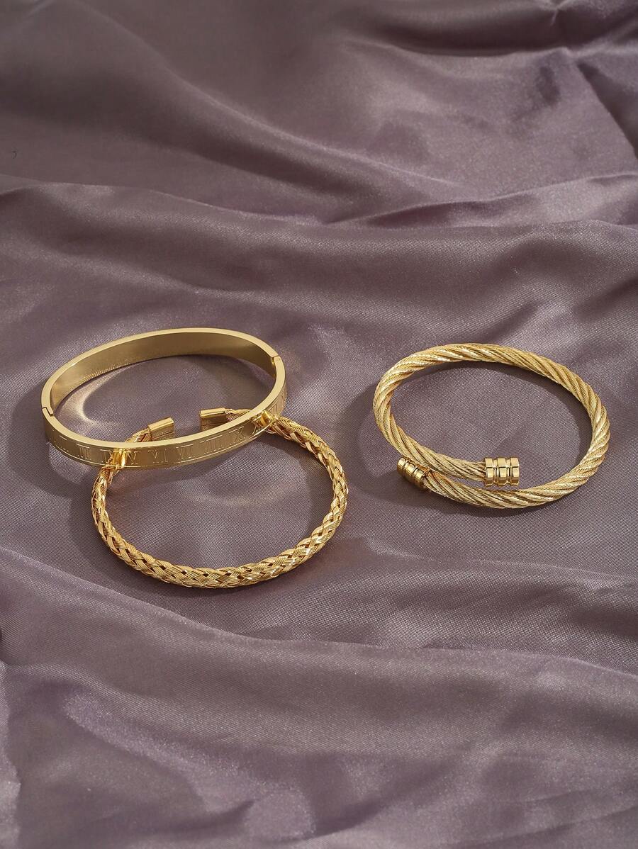 3pcs/Set Men's Luxury Versatile Roman Numeral Stainless Steel Braided Adjustable Bracelet