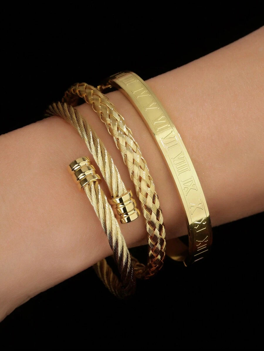 3pcs/Set Men's Luxury Versatile Roman Numeral Stainless Steel Braided Adjustable Bracelet