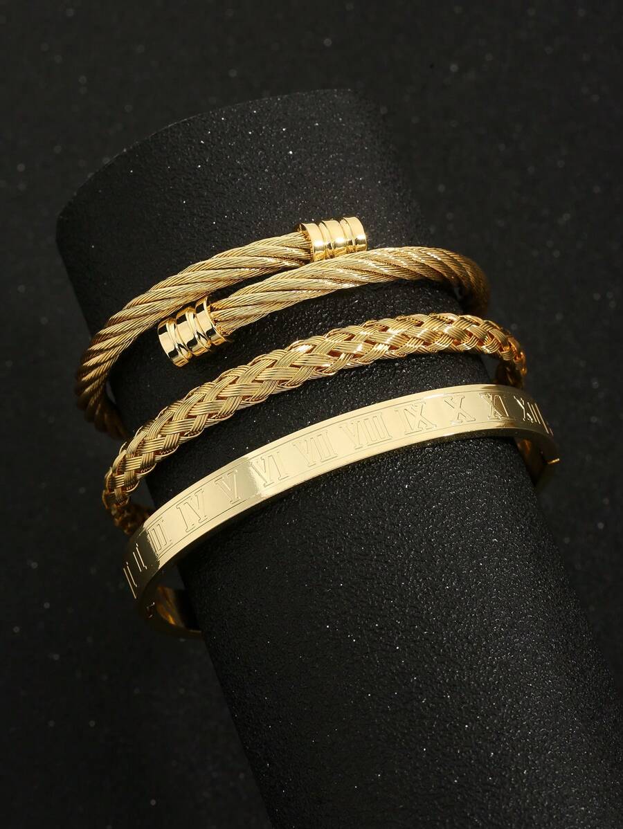 3pcs/Set Men's Luxury Versatile Roman Numeral Stainless Steel Braided Adjustable Bracelet