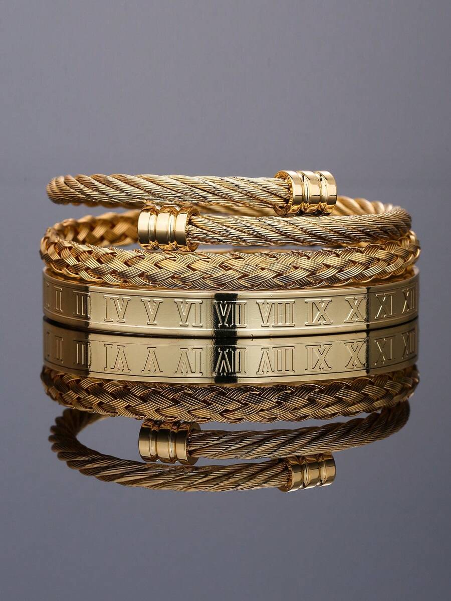 3pcs/Set Men's Luxury Versatile Roman Numeral Stainless Steel Braided Adjustable Bracelet
