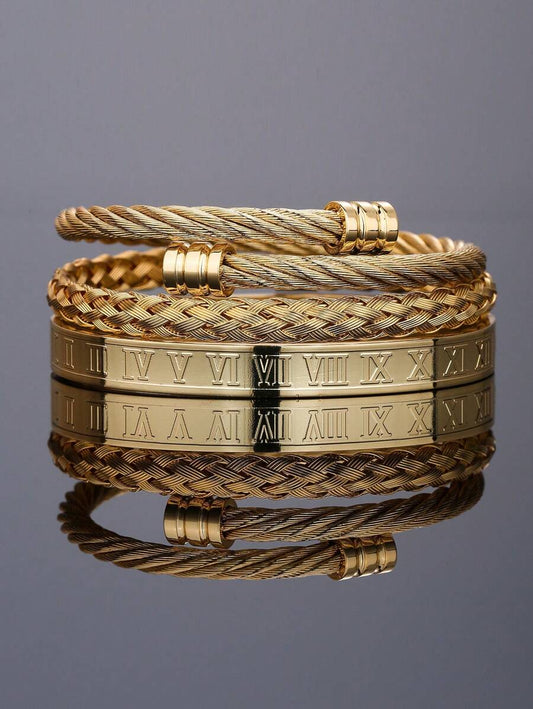 3pcs/Set Men's Luxury Versatile Roman Numeral Stainless Steel Braided Adjustable Bracelet