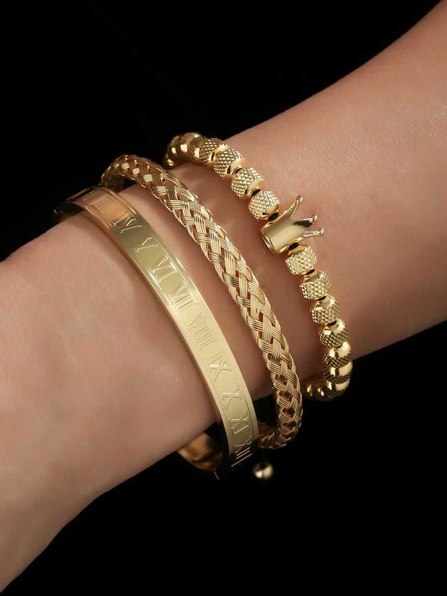 3pcs/Set Men's Luxury Versatile Roman Numeral Stainless Steel Braided Adjustable Bracelet