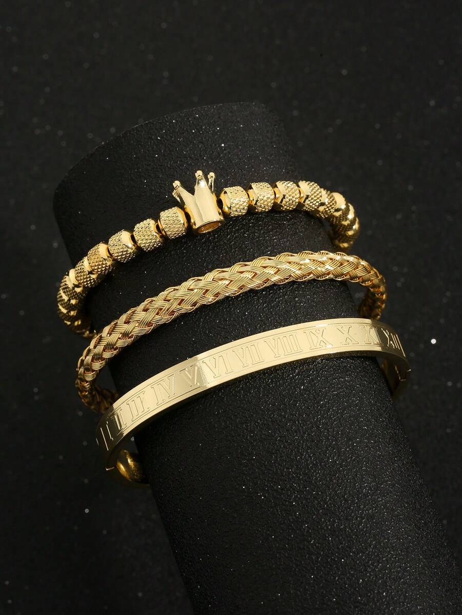 3pcs/Set Men's Luxury Versatile Roman Numeral Stainless Steel Braided Adjustable Bracelet