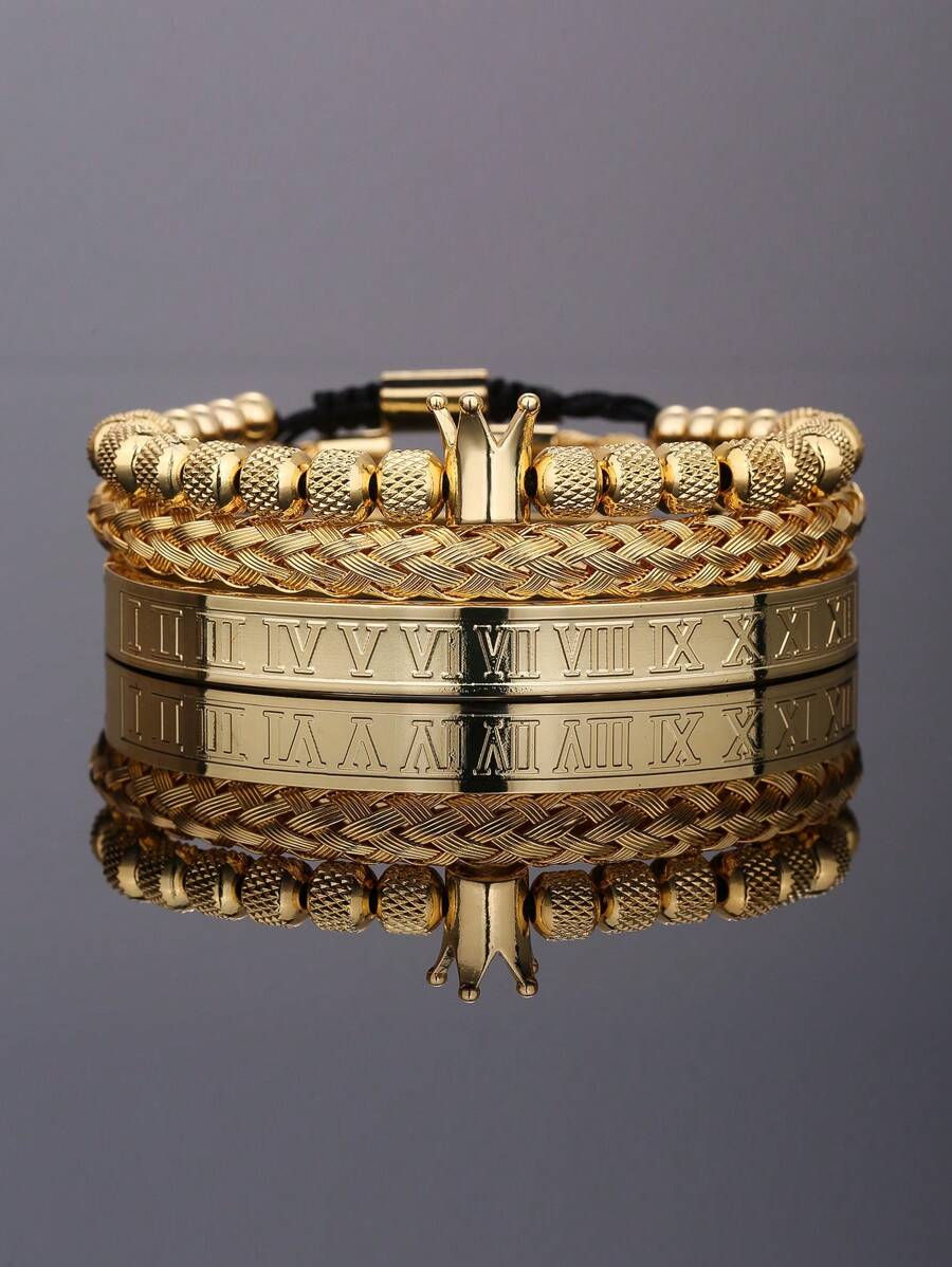 3pcs/Set Men's Luxury Versatile Roman Numeral Stainless Steel Braided Adjustable Bracelet