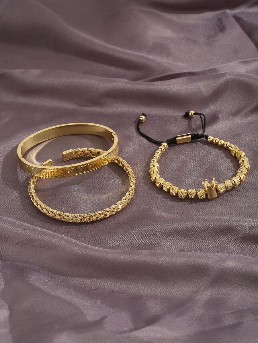 3pcs/Set Men's Luxury Versatile Roman Numeral Stainless Steel Braided Adjustable Bracelet