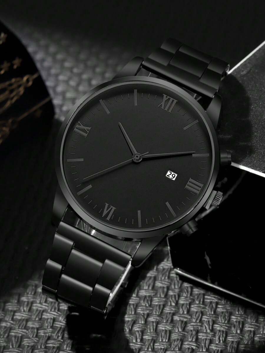 3PCS Men’s Quartz Watch & Bracelet Set – Steel Strap Watch with Lion Crown Bead Bracelet