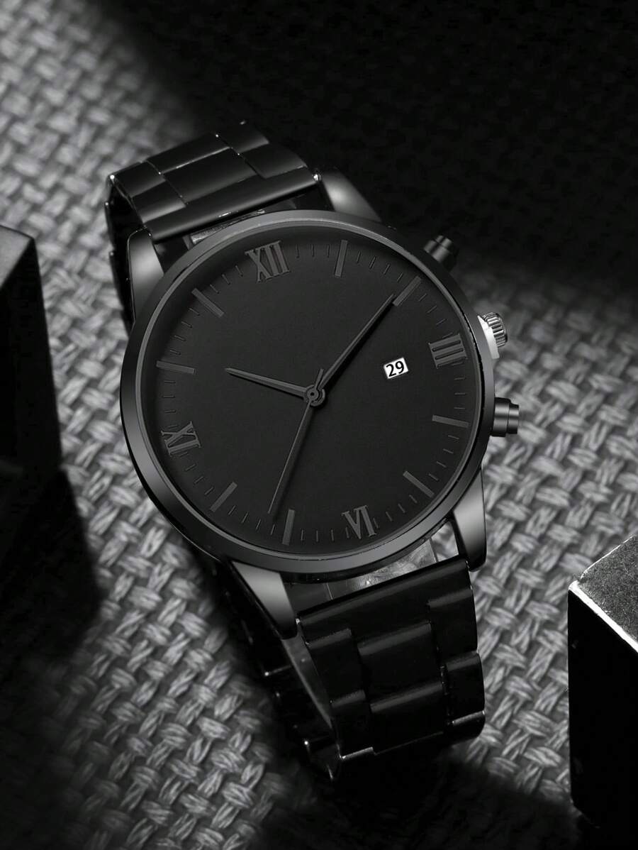 3PCS Men’s Quartz Watch & Bracelet Set – Steel Strap Watch with Lion Crown Bead Bracelet