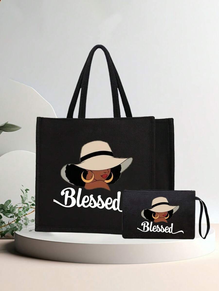 Queen Cartoon Character Printed Tote Bag Set – “Blessing” Letter Design