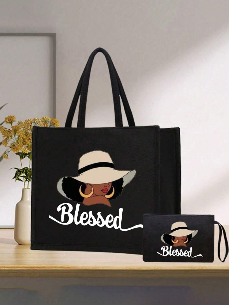 Queen Cartoon Character Printed Tote Bag Set – “Blessing” Letter Design