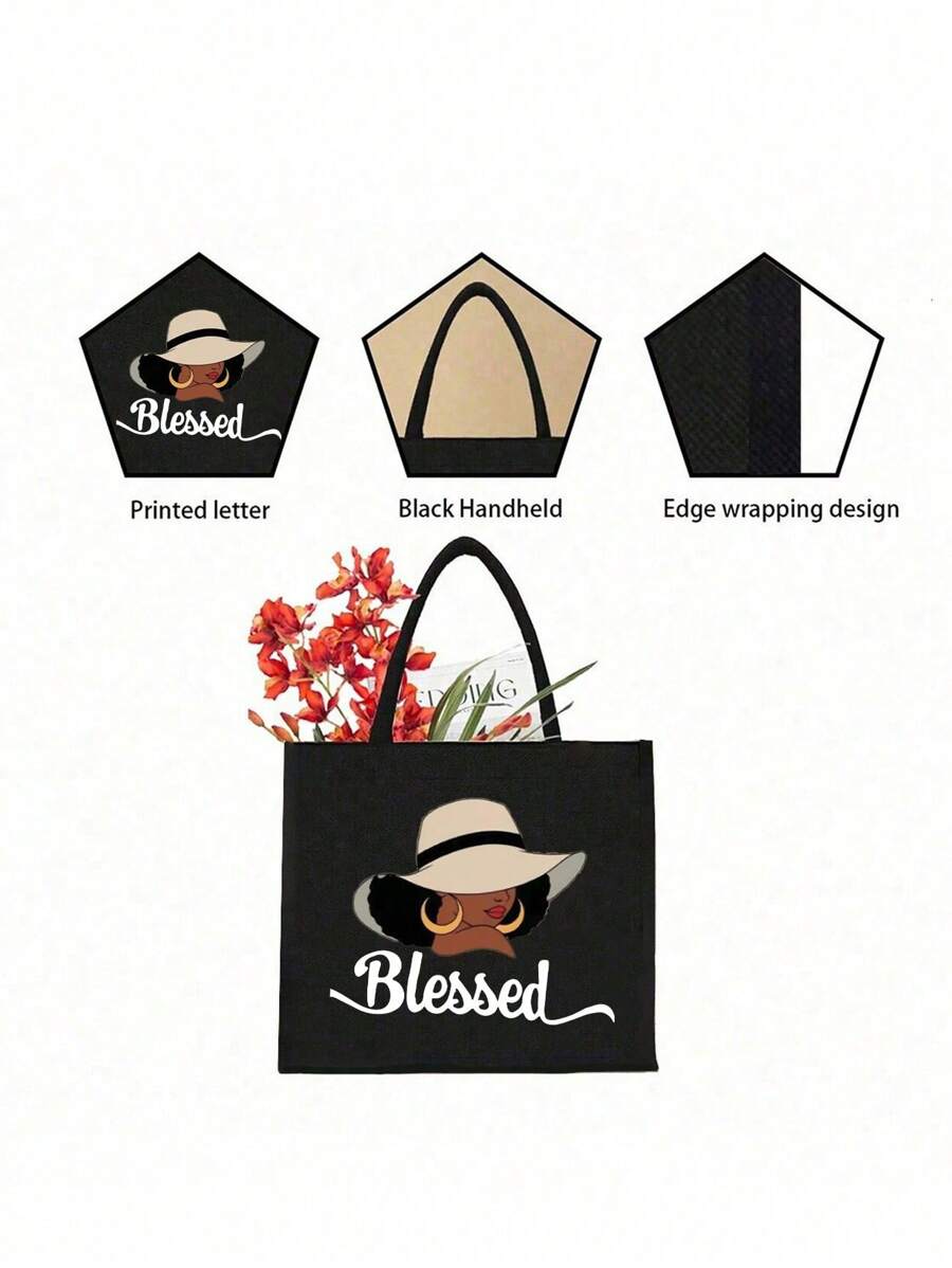 Queen Cartoon Character Printed Tote Bag Set – “Blessing” Letter Design