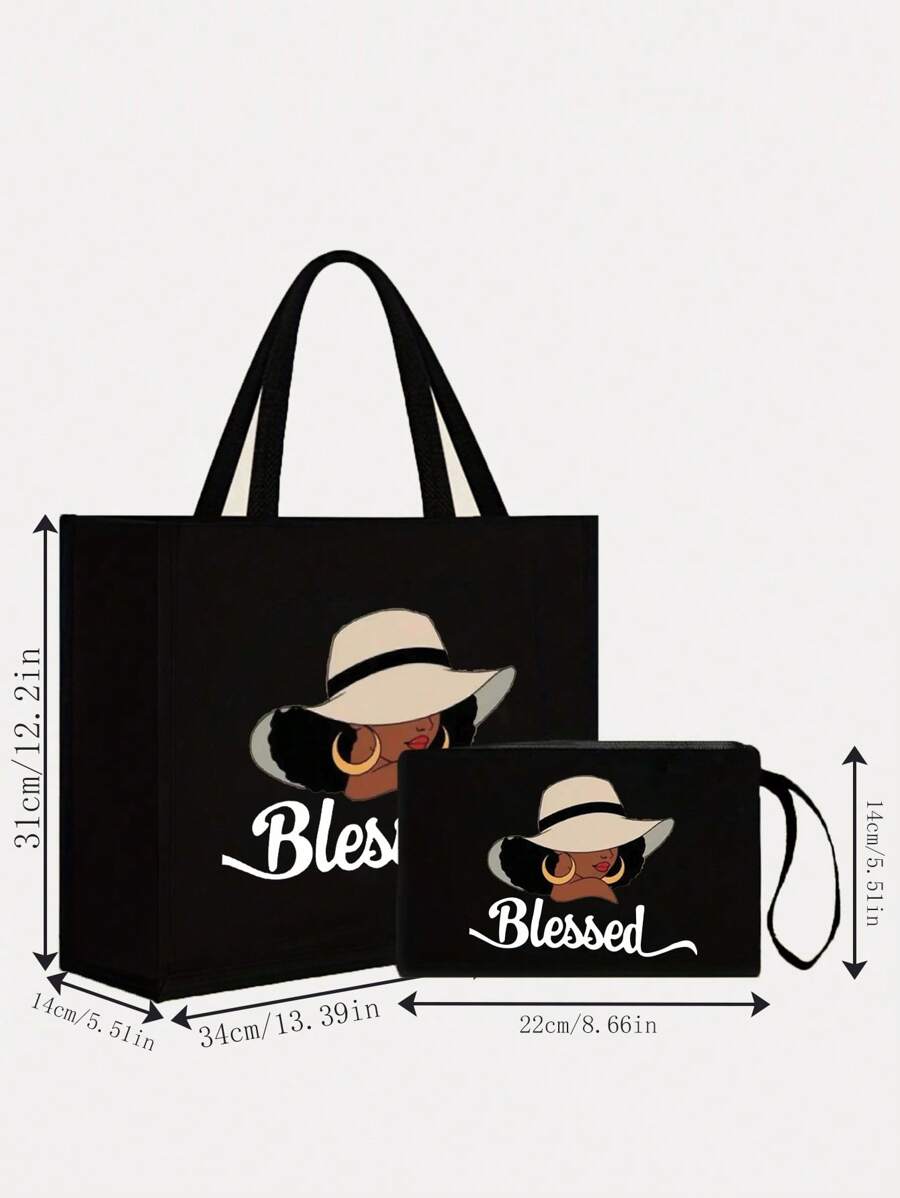 Queen Cartoon Character Printed Tote Bag Set – “Blessing” Letter Design