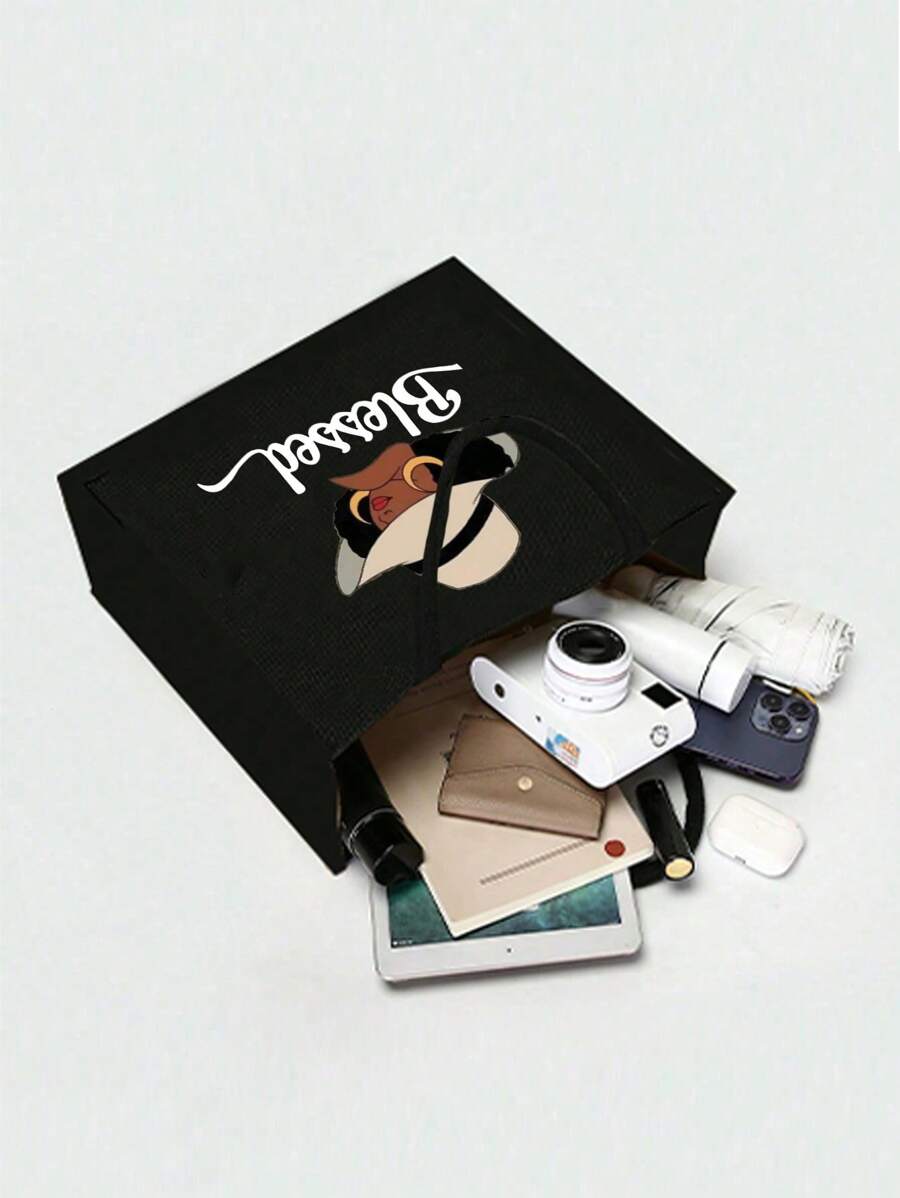 Queen Cartoon Character Printed Tote Bag Set – “Blessing” Letter Design