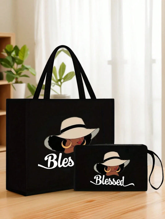 Queen Cartoon Character Printed Tote Bag Set – “Blessing” Letter Design