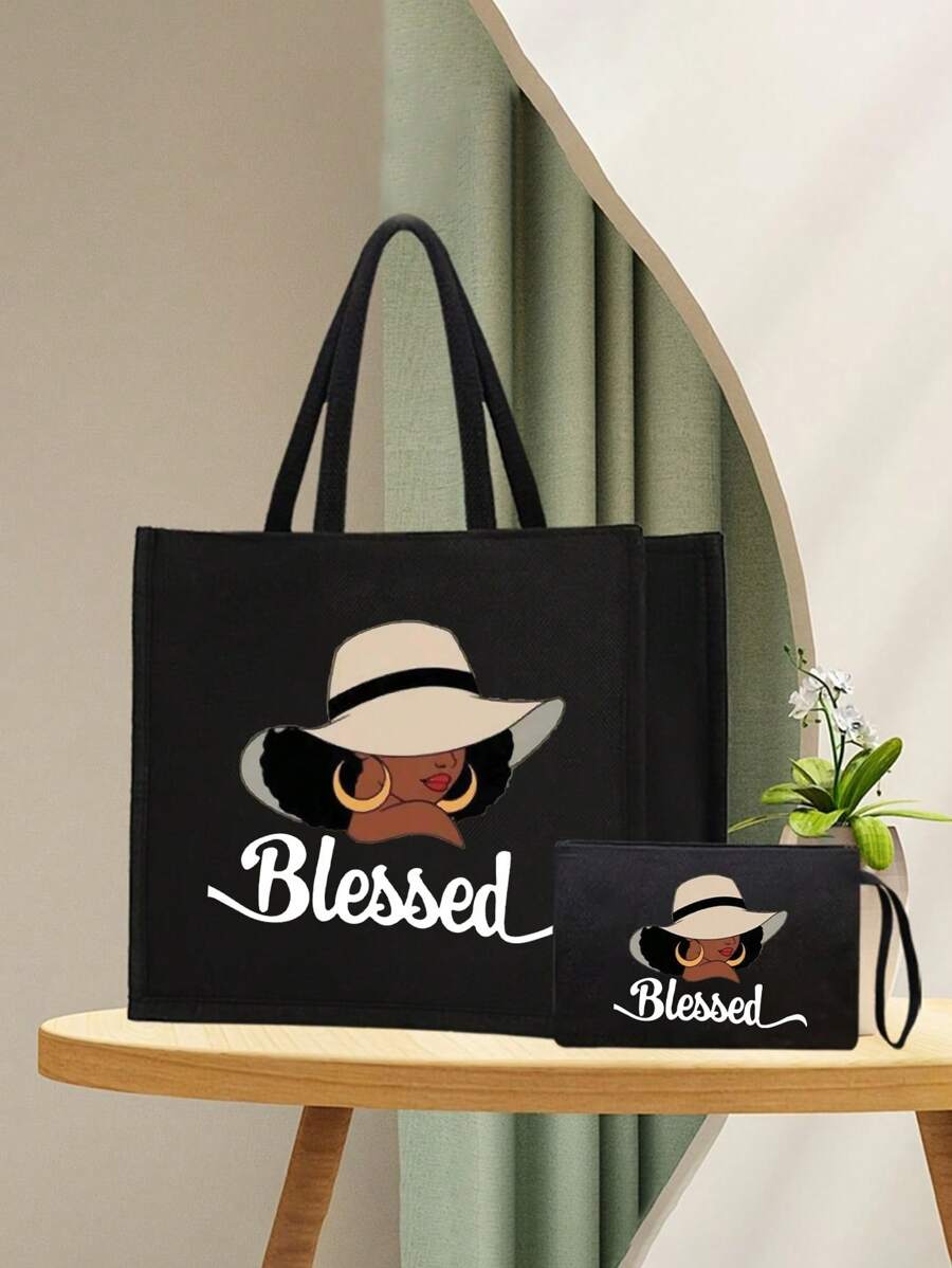 Queen Cartoon Character Printed Tote Bag Set – “Blessing” Letter Design