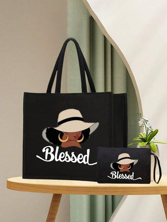 Queen Cartoon Character Printed Tote Bag Set – “Blessing” Letter Design
