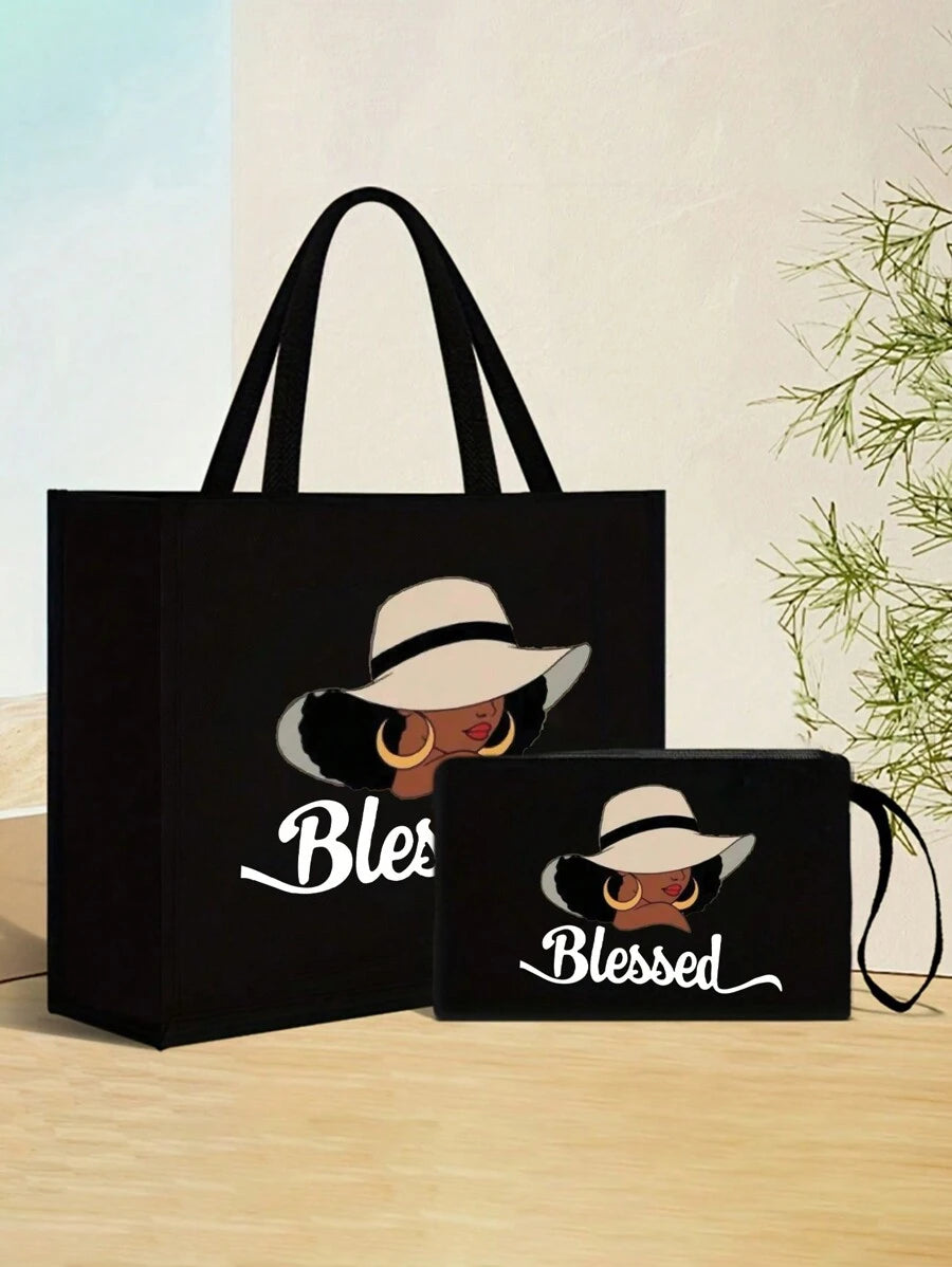 Queen Cartoon Character Printed Tote Bag Set – “Blessing” Letter Design