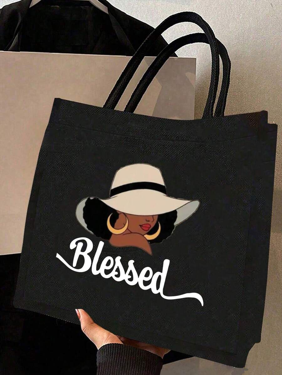 Queen Cartoon Character Printed Tote Bag Set – “Blessing” Letter Design