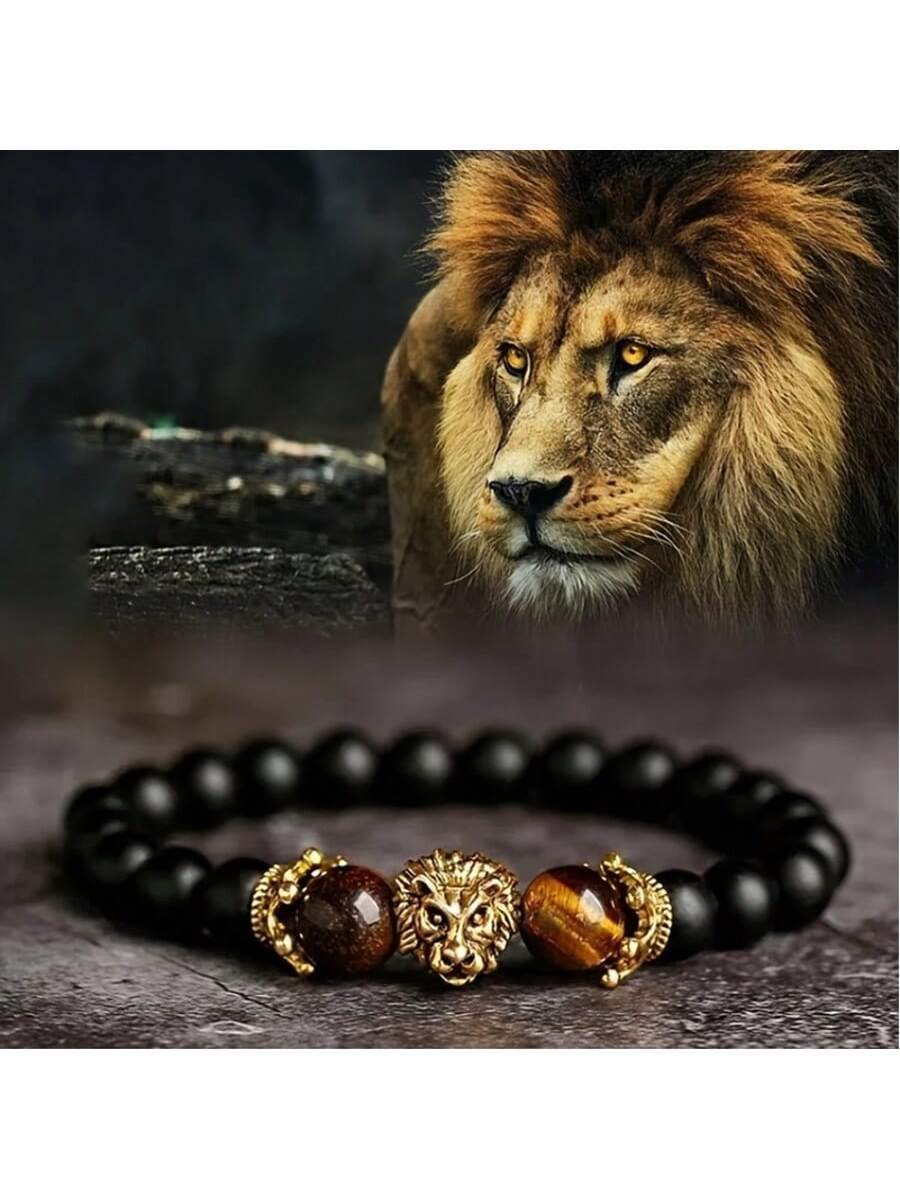 Natural Crystal Crown Lion Head Bracelet – Luxury Tiger Eye Stone Beads