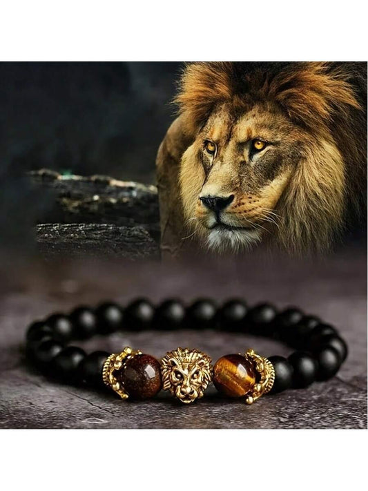 Natural Crystal Crown Lion Head Bracelet – Luxury Tiger Eye Stone Beads