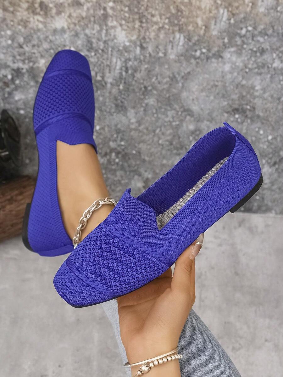 Women's Knitted Flat Loafers, Comfortable Square Toe Dolly Shoes, Breathable Mother Shoes For Spring/Autumn