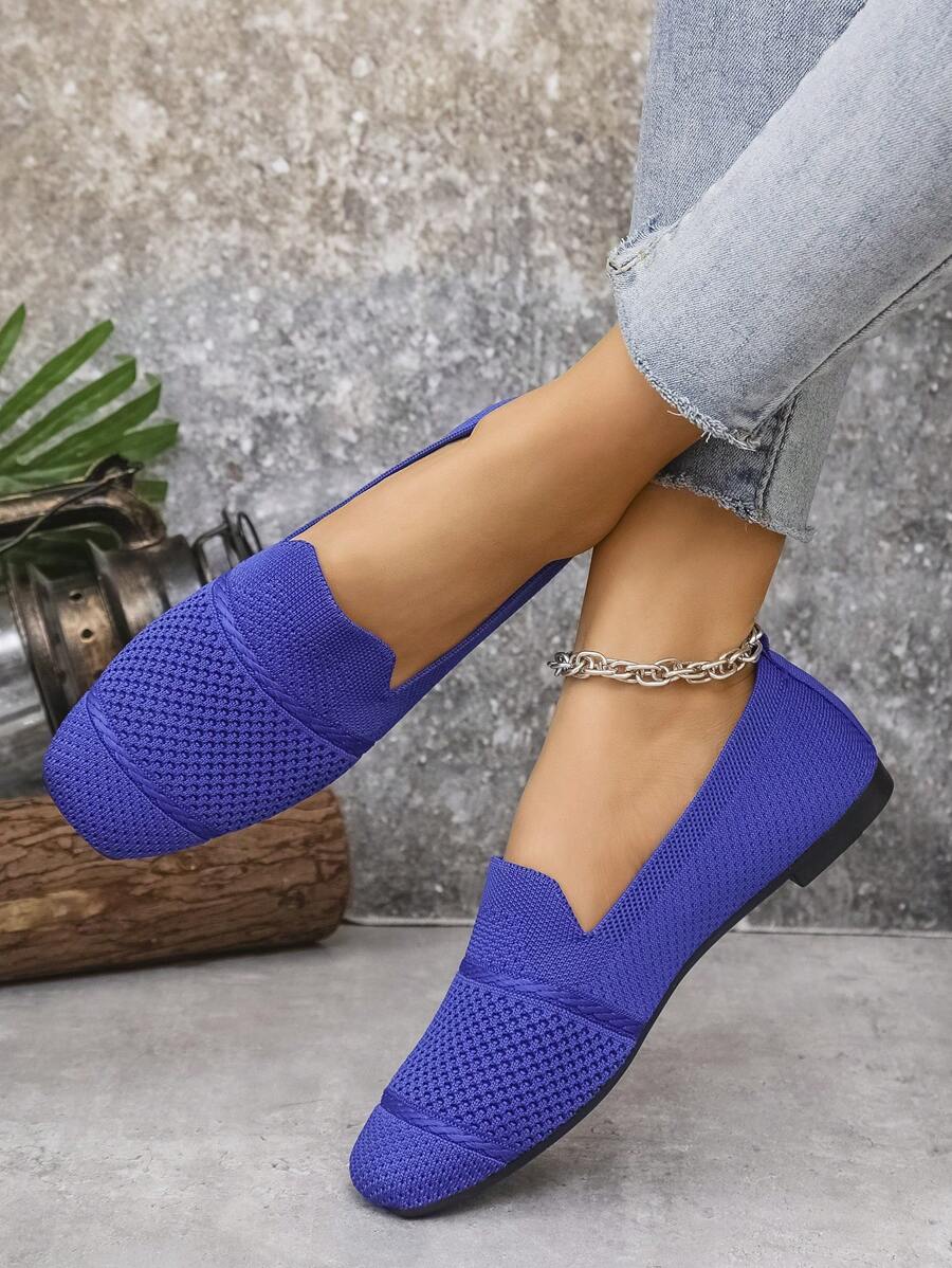 Women's Knitted Flat Loafers, Comfortable Square Toe Dolly Shoes, Breathable Mother Shoes For Spring/Autumn