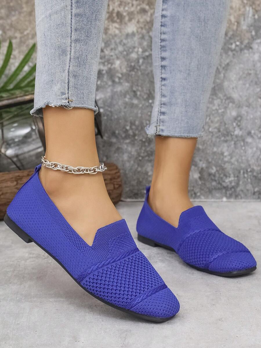 Women's Knitted Flat Loafers, Comfortable Square Toe Dolly Shoes, Breathable Mother Shoes For Spring/Autumn