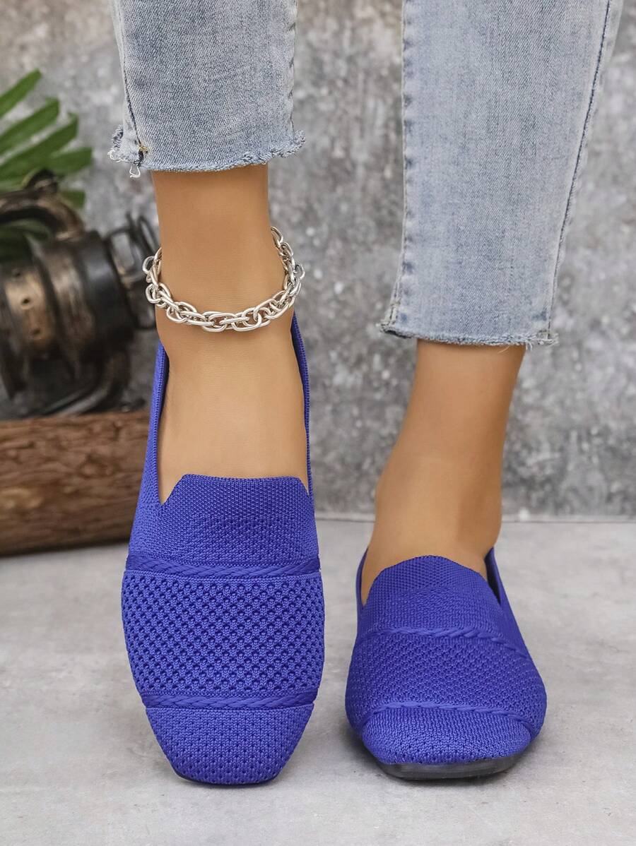 Women's Knitted Flat Loafers, Comfortable Square Toe Dolly Shoes, Breathable Mother Shoes For Spring/Autumn