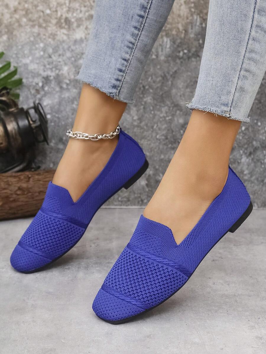 Women's Knitted Flat Loafers, Comfortable Square Toe Dolly Shoes, Breathable Mother Shoes For Spring/Autumn