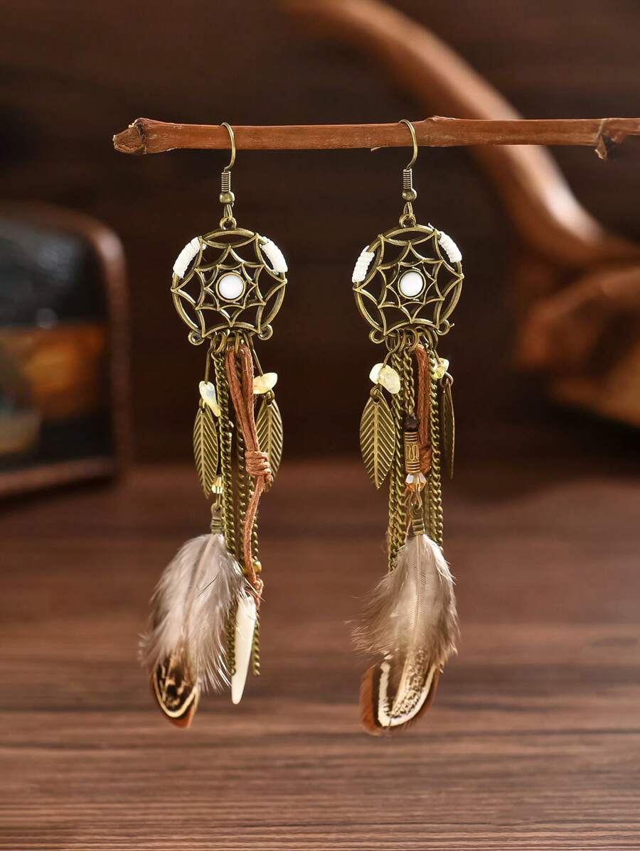 Bohemian Long Feather Pendant Earrings – Handmade Tribal Style Jewelry