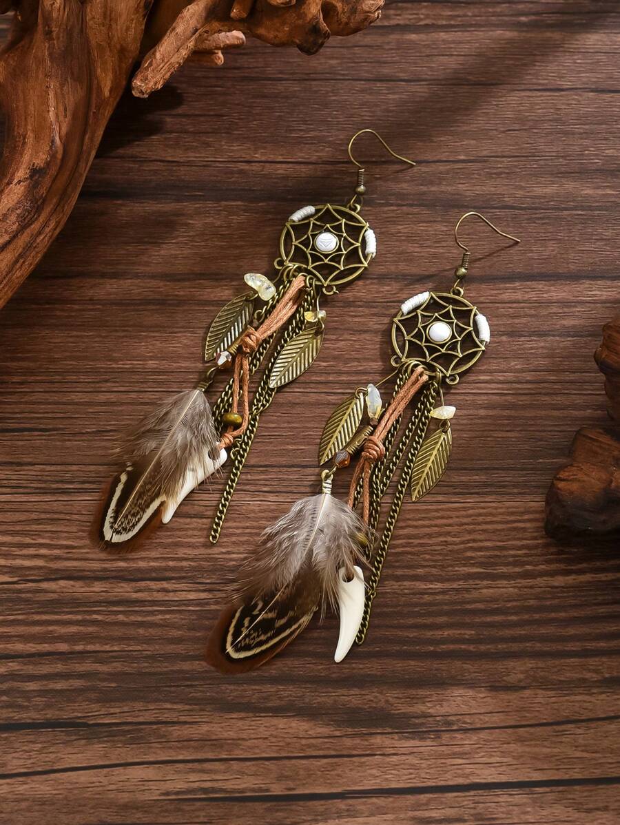 Bohemian Long Feather Pendant Earrings – Handmade Tribal Style Jewelry