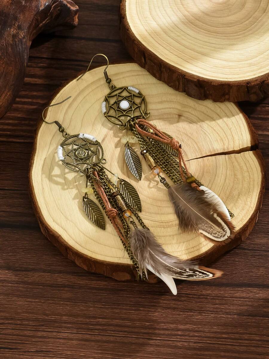 Bohemian Long Feather Pendant Earrings – Handmade Tribal Style Jewelry