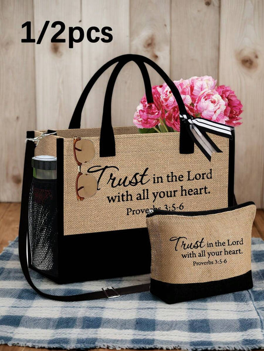 Trust In The Lord With All Your Heart" Printed Tote Bag & Makeup Bag Set