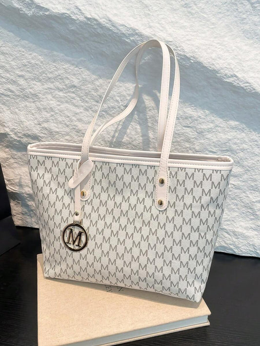 White Vintage Floral Letter Decor PU Tote Bag
