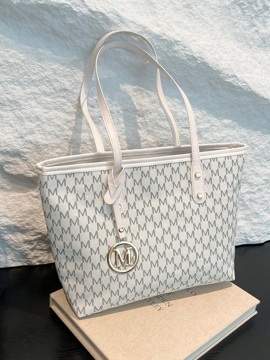 White Vintage Floral Letter Decor PU Tote Bag