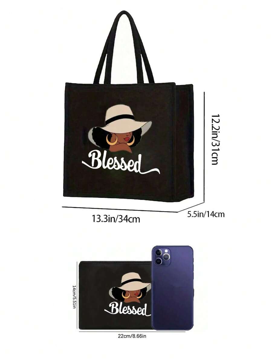 Queen Cartoon Character Printed Tote Bag Set – “Blessing” Letter Design