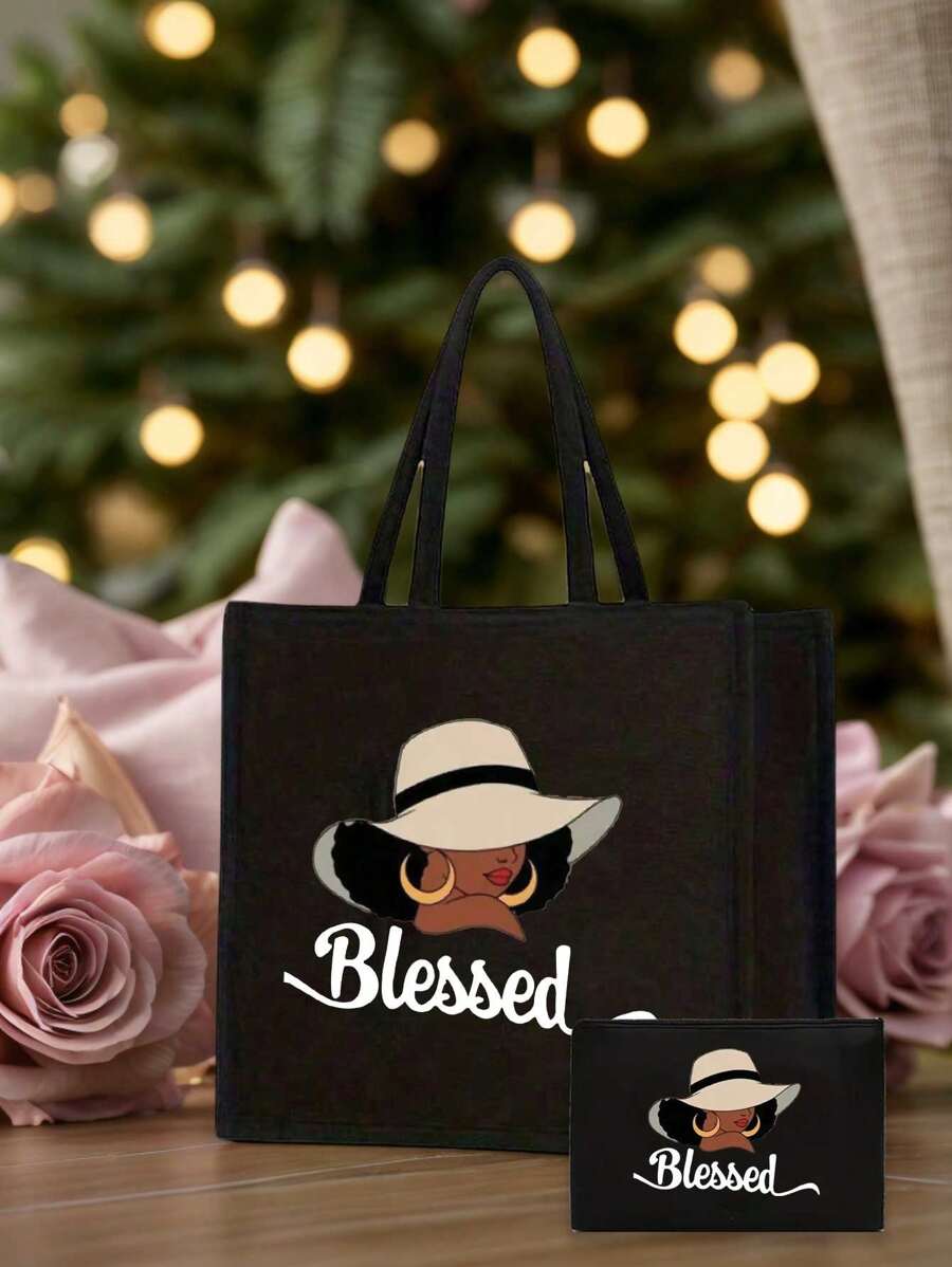 Queen Cartoon Character Printed Tote Bag Set – “Blessing” Letter Design