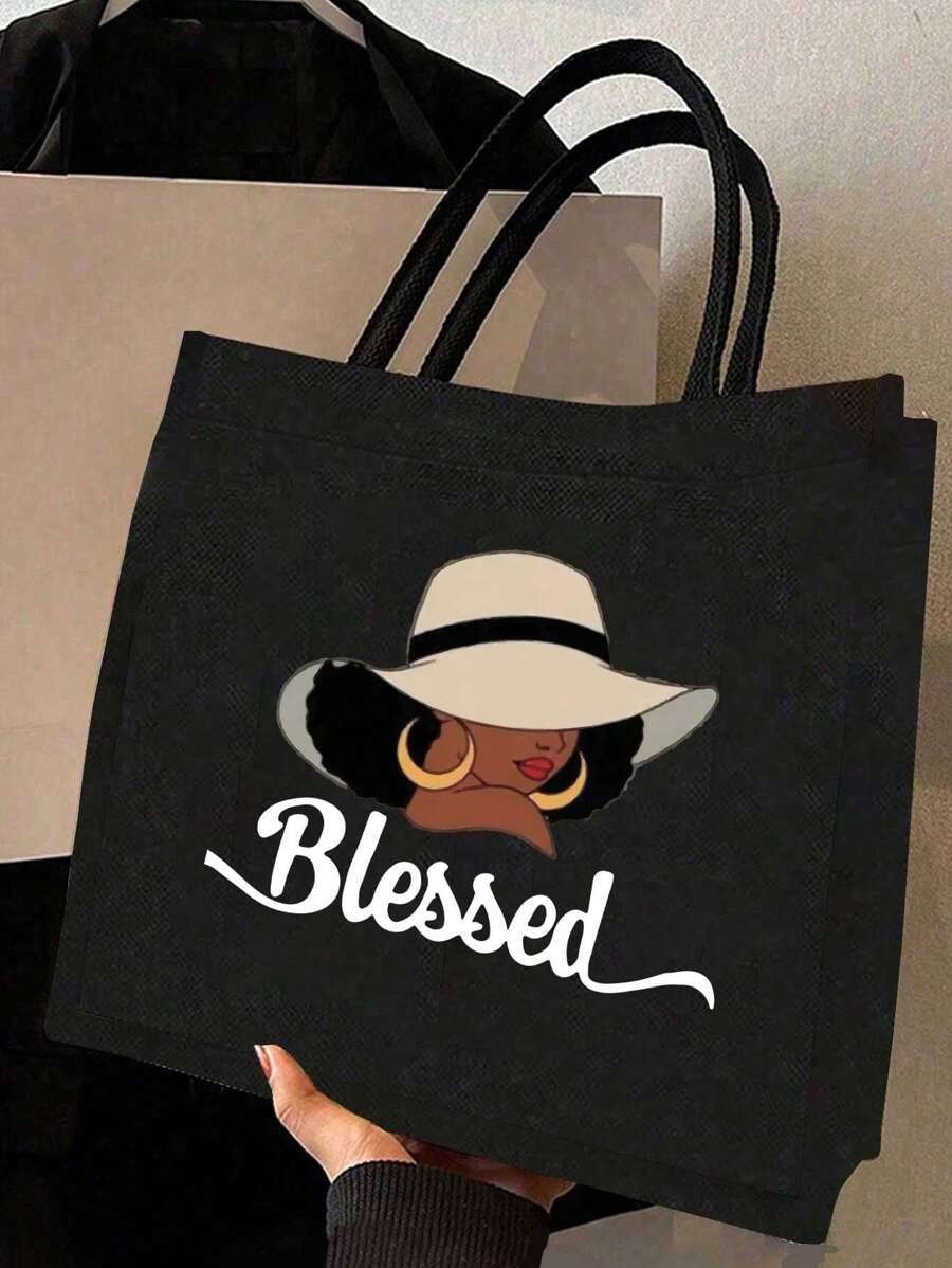 Queen Cartoon Character Printed Tote Bag Set – “Blessing” Letter Design